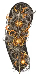 Sun, Black Sword , Black Wings, flames intertwined tattoo design idea
