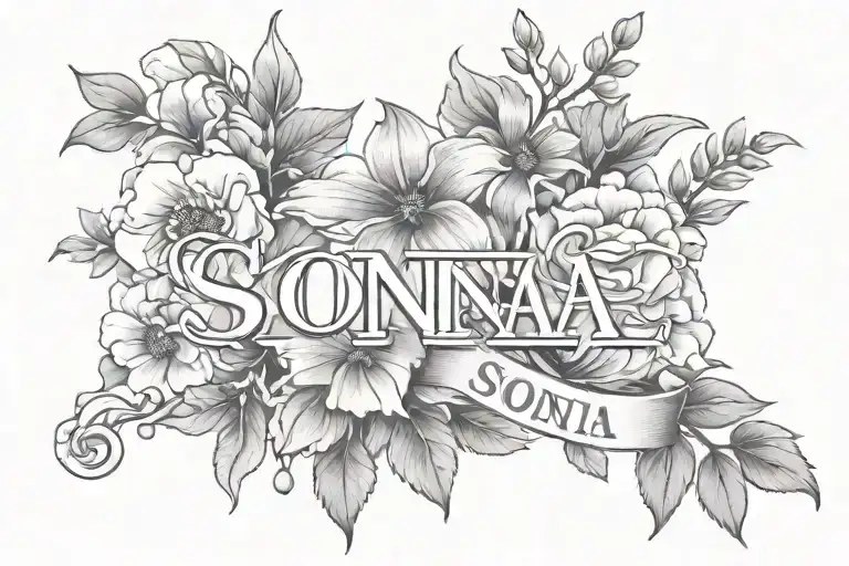 "Sonia" name tattoo flowers roman numerals below  tattoo design idea
