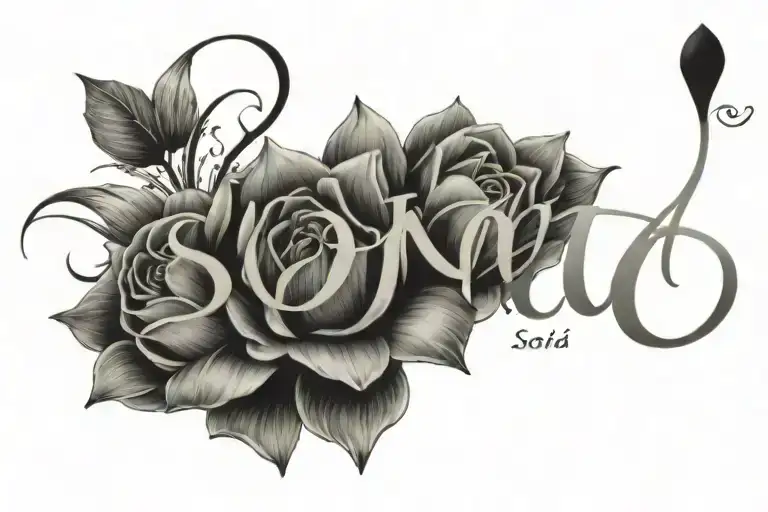 "Sonia" name tattoo flowers with  roman numerals below  tattoo design idea