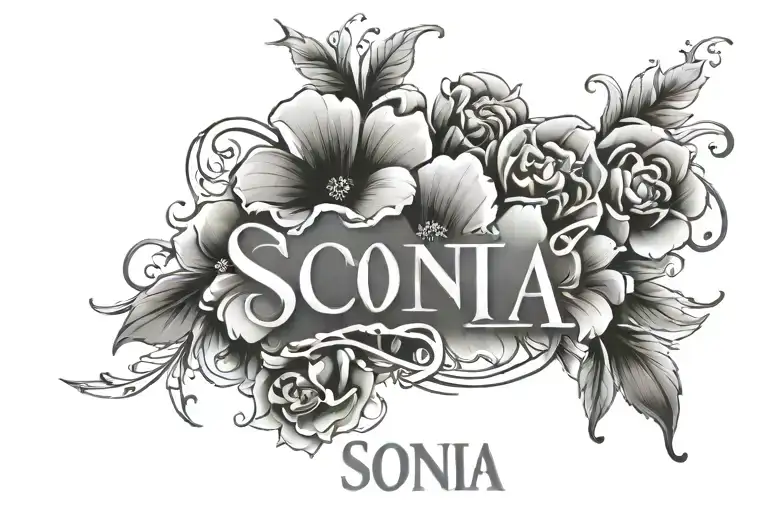 "Sonia" name tattoo flowers with  roman numerals below  tattoo design idea