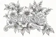 "Sonia" name tattoo flowers roman numerals below  tattoo design idea