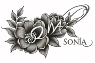 "Sonia" name tattoo flowers with  roman numerals below  tattoo design idea