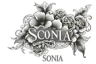 "Sonia" name tattoo flowers with  roman numerals below  tattoo design idea