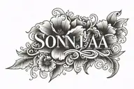 "Sonia" name tattoo flowers with  roman numerals below  tattoo design idea