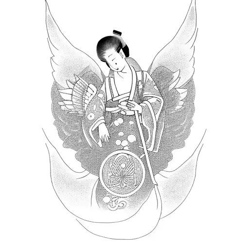 A dotwork tattoo of a traditional Japanese angel holding a cloud filled with medicine symbols tattoo design idea