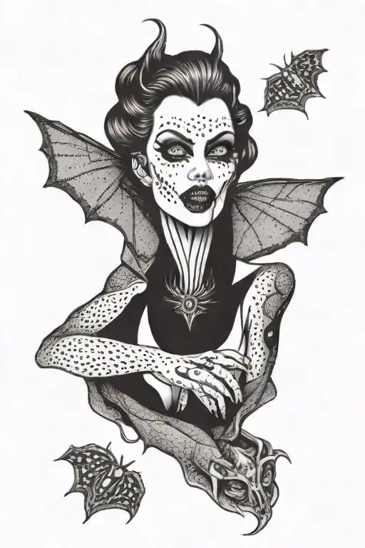 vampire lady with fangs barred tattoo design idea