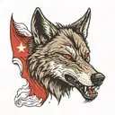 Wolf's head with bared teeth. In the background the Polish flag and mountains. tattoo design idea