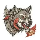 Wolf's head with bared teeth. In the background the Polish flag and mountains. tattoo design idea