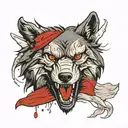 Wolf's head with bared teeth. In the background the Polish flag and mountains. tattoo design idea
