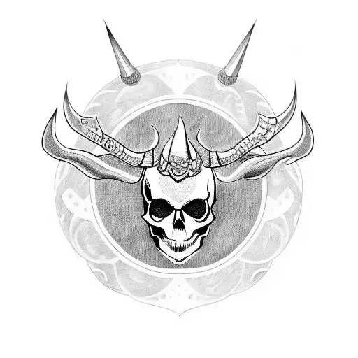 A bold blackwork tattoo of a skull with horns and anime-style eyes, surrounded by symbols of rock and metal tattoo design idea