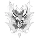 A bold blackwork tattoo of a skull with horns and anime-style eyes, surrounded by symbols of rock and metal tattoo design idea