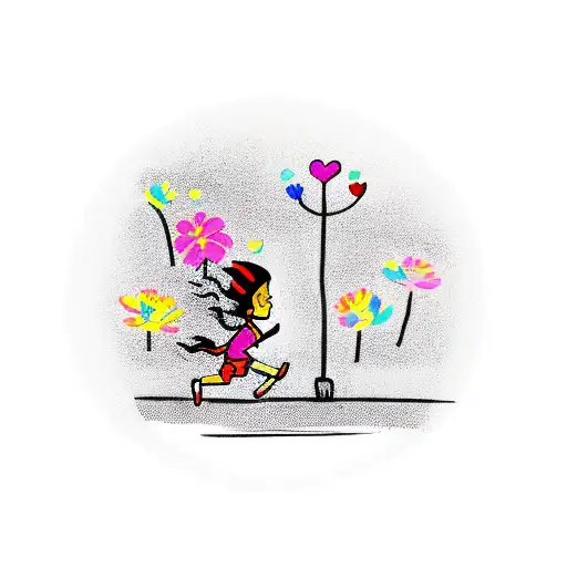 A small silhouette of a child running towards a car with some colorful flowers in the background to represent your love  tattoo design idea