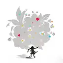 A small silhouette of a child running towards a car with some colorful flowers in the background to represent your love  tattoo design idea