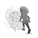 A small silhouette of a child running towards a car with some colorful flowers in the background to represent your love  tattoo design idea
