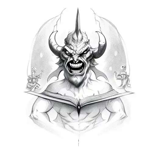 side of devil with evil smile handing a scroll tattoo design idea