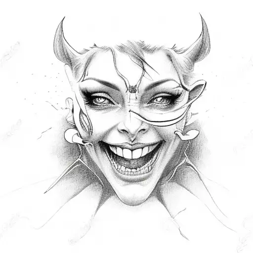 devil handing woman smiling with tear in her eye as she fades away tattoo design idea