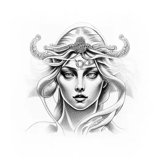 A tattoo depicting Aphrodite full body with the gaze of Medusa, symbolizing the power of beauty and seduction. tattoo design idea