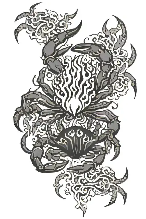 Black flames with black crabs hidden between the black flames. tattoo design idea