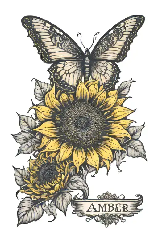 the name Amber and her date of death as a sunflower tattoo design idea