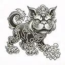 Create a black and white line art tattoo of a Chinese Foo Dog. Use a Boston Terrier as the template for the tattoo. tattoo design idea