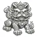 Create a black and white line art tattoo of a Chinese Foo Dog. Use a Boston Terrier as the template for the tattoo. tattoo design idea