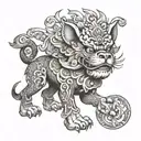 Create a black and white line art tattoo of a Chinese Foo Dog. Use a Boston Terrier as the template for the tattoo. tattoo design idea
