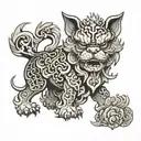 Create a black and white line art tattoo of a Chinese Foo Dog. Use a Boston Terrier as the template for the tattoo. tattoo design idea