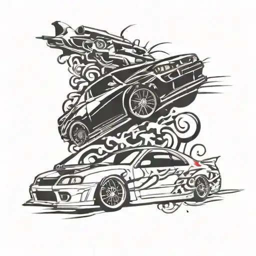 guns and Japanese jdm car drifting tattoo design idea