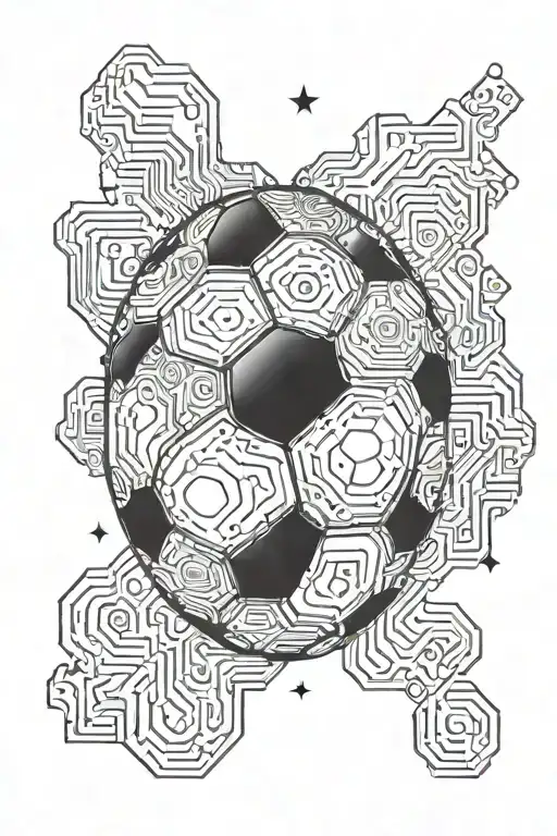 An intricate tattoo design of a soccer ball made up of computer circuit patterns, surrounded by clouds and stars tattoo design idea