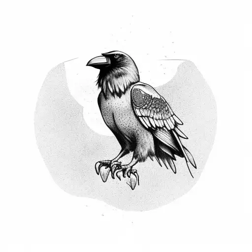 Crow howling upwards while sitting on a skull, long wing covering it's body tattoo design idea