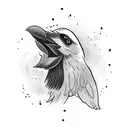 Crow howling upwards while sitting on a skull, long wing covering it's body tattoo design idea