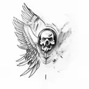 Crow howling upwards while sitting on a skull, long wing covering it's body tattoo design idea