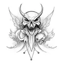 Crow howling upwards while sitting on a skull, long wing covering it's body tattoo design idea