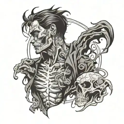 psycho man, life is ruined, lost in another world, trauma, depression, with dark psycho background  tattoo design idea