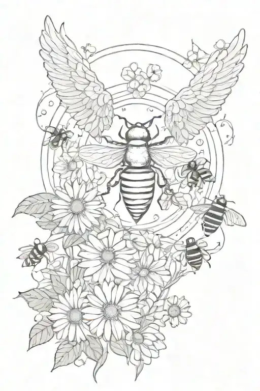 YAHWEH in hebrew surrounded by daisys and bees flying tattoo design idea