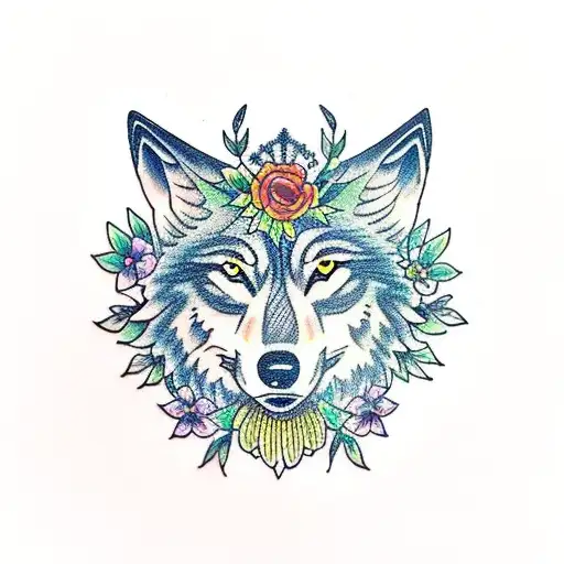 wolf with flower crown tattoo design idea