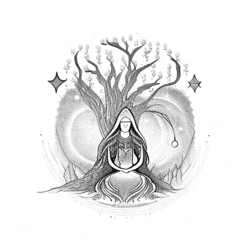 A elvish women, sitting under a willow tree at night with stars, holding a orb ,the words Willow Tree Crystal's & More tattoo design idea