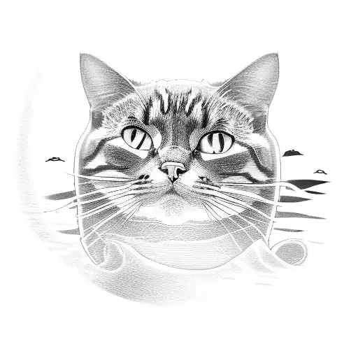 A serene beach landscape with a cat lounging under a palm tree tattoo design idea