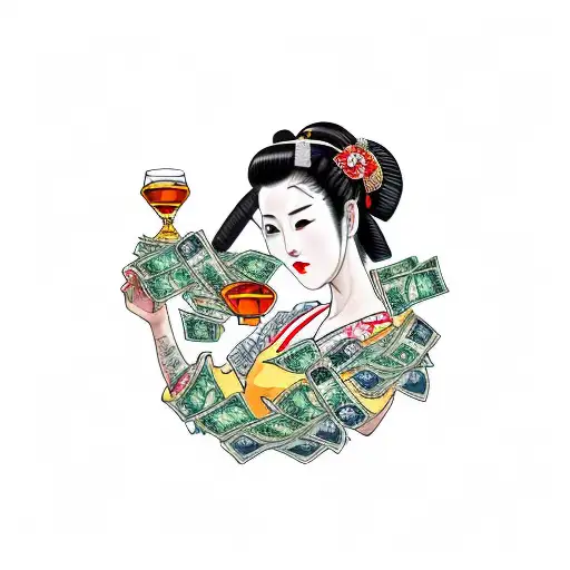 A traditional-style tattoo of a Japanese geisha holding a glass of whisky and surrounded by stacks of money tattoo design idea