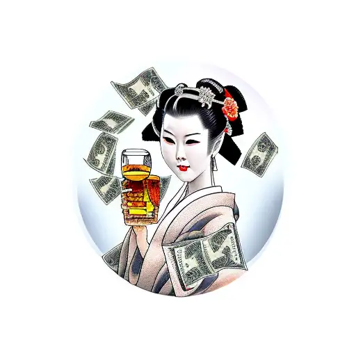 A traditional-style tattoo of a Japanese geisha holding a glass of whisky and surrounded by stacks of money tattoo design idea