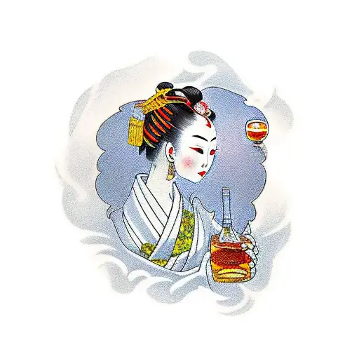 A traditional-style tattoo of a Japanese geisha holding a glass of whisky and surrounded by stacks of money tattoo design idea