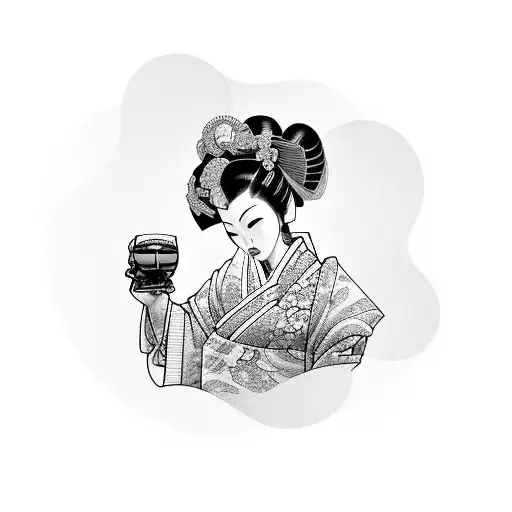 A traditional-style tattoo of a Japanese geisha holding a glass of whisky and surrounded by stacks of money tattoo design idea