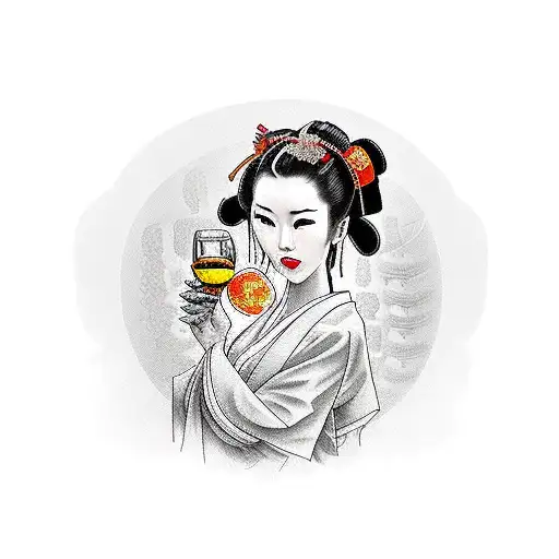 A traditional-style tattoo of a Japanese geisha holding a glass of whisky and surrounded by stacks of money tattoo design idea