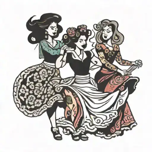 four people with skirts twirling  tattoo design idea
