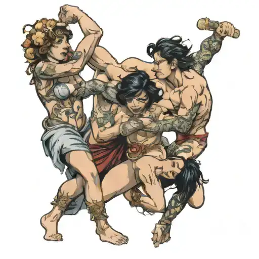four people in fighting positions nude tattoo design idea