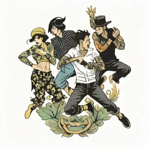 four people with long pants jumping  tattoo design idea