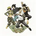 four people with long pants jumping  tattoo design idea