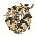 four people with long pants jumping  tattoo design idea