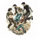 four people with long pants jumping  tattoo design idea
