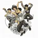 four people with long pants jumping  tattoo design idea